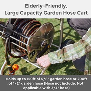 Giraffe Tools Stainless Steel Hose Reel, Hose Reel Cart With Wheels, Heavy Duty Water Hose Reel, 150-Feet 5/8" Hose Capacity for Outside Garden & Yard