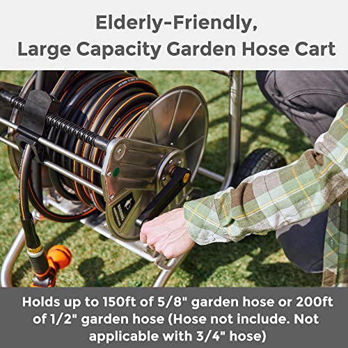 Giraffe Tools Stainless Steel Hose Reel, Hose Reel Cart With Wheels, Heavy Duty Water Hose Reel, 150-Feet 5/8" Hose Capacity for Outside Garden & Yard