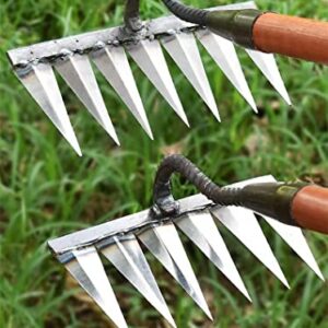 KeluKES Hoe weed rake farm tool hoe weed hoe root digging the ground loose soil nail rake farm tool thick and sharp(Six-tooth rake)