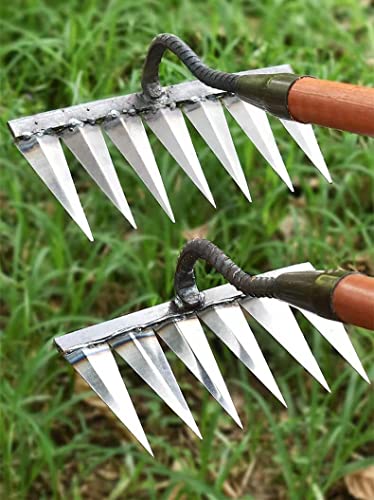 KeluKES Hoe weed rake farm tool hoe weed hoe root digging the ground loose soil nail rake farm tool thick and sharp(Six-tooth rake)