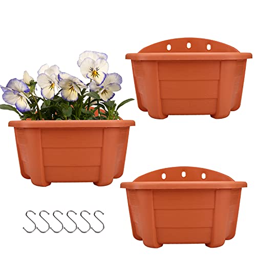 9.84” Wall Hanging Planters Railing Hanging Planters Plants Flowers Plastic Pots Baskets for Balcony Fence Garden Outdoor Indoor 3 Wall Pots(Terracotta red Color)