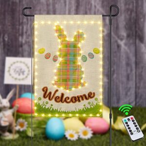 easter garden flag with led string lights 12×18 inch double sided waterproof 8 modes lighted garden flag bunny eggs vertical burlap spring garden flags for lawn yard decoration