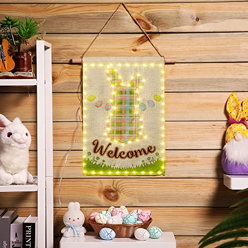 Easter Garden Flag with LED string lights 12x18 Inch Double Sided Waterproof 8 Modes Lighted Garden Flag Bunny Eggs Vertical Burlap Spring Garden Flags for Lawn Yard Decoration