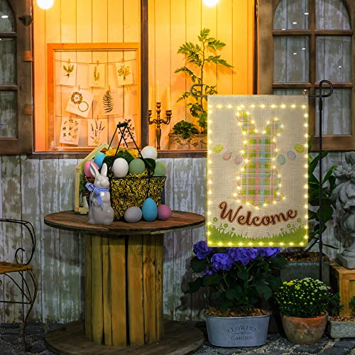 Easter Garden Flag with LED string lights 12x18 Inch Double Sided Waterproof 8 Modes Lighted Garden Flag Bunny Eggs Vertical Burlap Spring Garden Flags for Lawn Yard Decoration