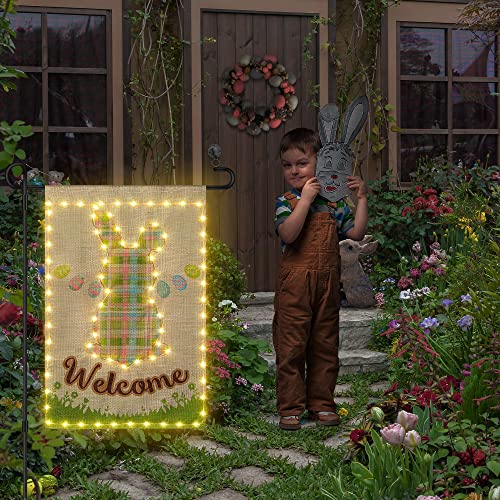 Easter Garden Flag with LED string lights 12x18 Inch Double Sided Waterproof 8 Modes Lighted Garden Flag Bunny Eggs Vertical Burlap Spring Garden Flags for Lawn Yard Decoration