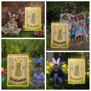 Easter Garden Flag with LED string lights 12x18 Inch Double Sided Waterproof 8 Modes Lighted Garden Flag Bunny Eggs Vertical Burlap Spring Garden Flags for Lawn Yard Decoration