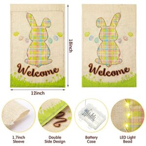 Easter Garden Flag with LED string lights 12x18 Inch Double Sided Waterproof 8 Modes Lighted Garden Flag Bunny Eggs Vertical Burlap Spring Garden Flags for Lawn Yard Decoration