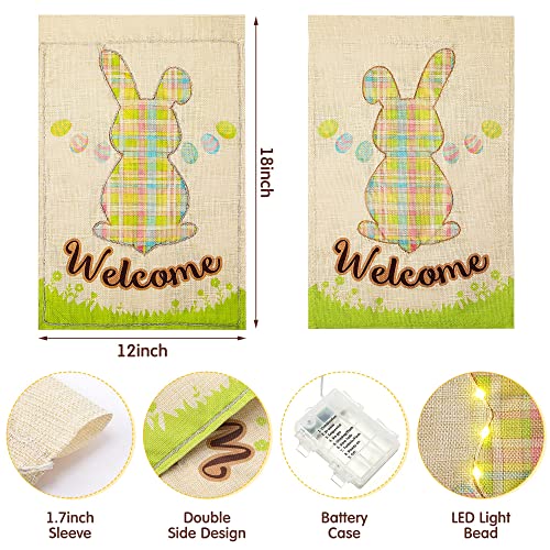 Easter Garden Flag with LED string lights 12x18 Inch Double Sided Waterproof 8 Modes Lighted Garden Flag Bunny Eggs Vertical Burlap Spring Garden Flags for Lawn Yard Decoration