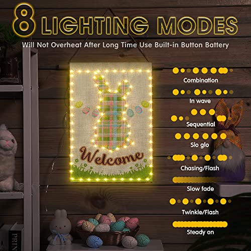 Easter Garden Flag with LED string lights 12x18 Inch Double Sided Waterproof 8 Modes Lighted Garden Flag Bunny Eggs Vertical Burlap Spring Garden Flags for Lawn Yard Decoration