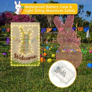 Easter Garden Flag with LED string lights 12x18 Inch Double Sided Waterproof 8 Modes Lighted Garden Flag Bunny Eggs Vertical Burlap Spring Garden Flags for Lawn Yard Decoration