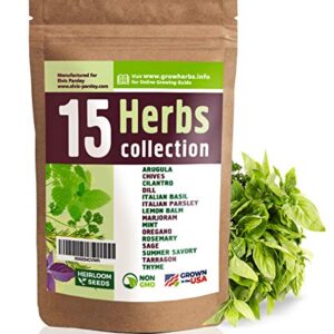15 Culinary Herb Seeds Variety - USA Grown for Indoor or Outdoor Garden - Heirloom and Non GMO - Basil, Parsley, Cilantro, Dill, Rosemary, Mint, Thyme, Oregano, Tarragon, Chives, Sage, Arugula & More