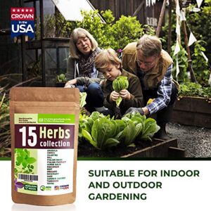 15 Culinary Herb Seeds Variety - USA Grown for Indoor or Outdoor Garden - Heirloom and Non GMO - Basil, Parsley, Cilantro, Dill, Rosemary, Mint, Thyme, Oregano, Tarragon, Chives, Sage, Arugula & More