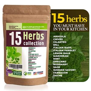 15 Culinary Herb Seeds Variety - USA Grown for Indoor or Outdoor Garden - Heirloom and Non GMO - Basil, Parsley, Cilantro, Dill, Rosemary, Mint, Thyme, Oregano, Tarragon, Chives, Sage, Arugula & More