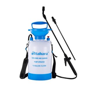 kitahara 1.3 gallon garden pump pressure sprayer with pressure relief valve, adjustable shoulder strap and nozzles, for yard lawn weeds plant water