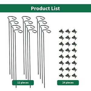 Lunhans 12 Pack Plant Support Stakes with 24 Pcs Plant Clips,Single Stem Support Stake Plant Cage Support Ring for Garden Flowers Rose Tomatoes Peony Lily Rose Herbs Vegetable (15.7 inch)