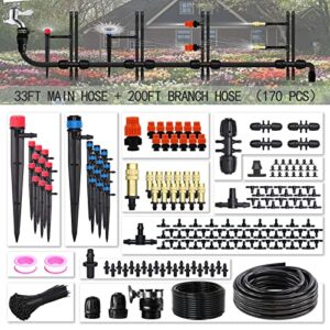 drip irrigation kit, muciakie 233ft irrigation system, automatic patio misting plant garden watering system with 1/4 inch 1/2 inch black distribution tubing hose adjustable nozzle emitters sprinkler barbed fittings