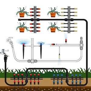 Drip Irrigation Kit, MUCIAKIE 233FT Irrigation System, Automatic Patio Misting Plant Garden Watering System with 1/4 inch 1/2 inch Black Distribution Tubing Hose Adjustable Nozzle Emitters Sprinkler Barbed Fittings