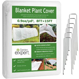 garden expert plant covers freeze protection floating row cover 0.9oz fabric frost cloth plant blanket for plants & vegetables in winter(8ftx15ft,with 6 pcs staples stakes)
