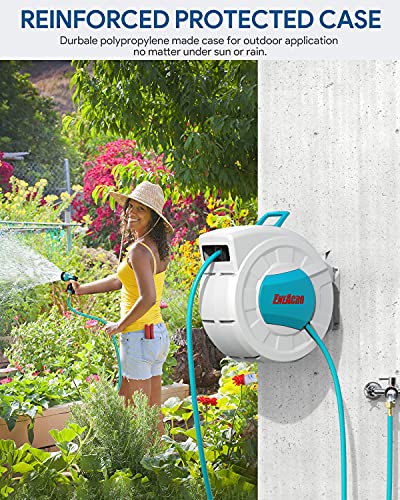 ENEACRO Retractable Garden Hose Reel with Wall Mount 1/2"×100ft with 9 Pattern Hose Nozzle, Brass Connector, Auto Rewind/Any Length Lock/ 180° Swivel Bracket, Ideal for Garden Watering