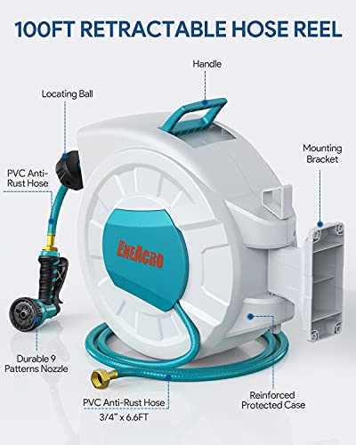 ENEACRO Retractable Garden Hose Reel with Wall Mount 1/2"×100ft with 9 Pattern Hose Nozzle, Brass Connector, Auto Rewind/Any Length Lock/ 180° Swivel Bracket, Ideal for Garden Watering