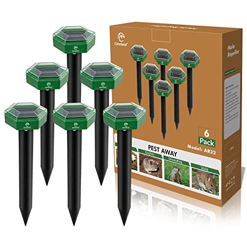 Careland Mole Repellent Stakes Solar Powered Ultrasonic Gopher Deterrent Groundhog Repeller Sonic Spikes Outdoor Vole Control Chaser for Lawn and Garden Waterproof (6pack)