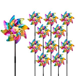 sparkly reflective pinwheels holographic spinners whirl pin wheel with stakes scare birds away for yard garden patio lawn farm decor kids’ toy (rainbow-10)