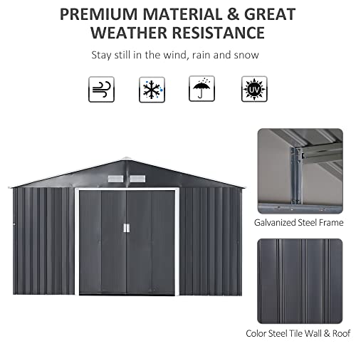 Outsunny 11.15'W x 12.5'D x 6.6'H Outdoor Backyard Garden Tool Shed with Double Sliding Doors, 4 Airy Vents, & Durable Steel, Dark Grey