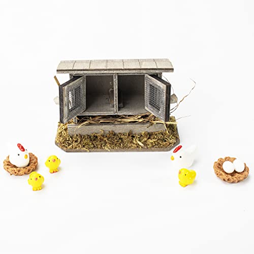 Hiawbon Miniature Retro Wooden Chicken Coop Mini Family Chicken,Hen,Chick,Egg,Chicken Nest Ornament Micro Landscape Fairy Garden Decor