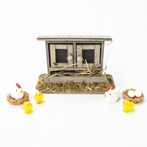 Hiawbon Miniature Retro Wooden Chicken Coop Mini Family Chicken,Hen,Chick,Egg,Chicken Nest Ornament Micro Landscape Fairy Garden Decor