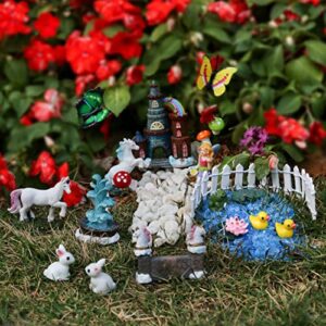 BangBangDa Unicorn Figurines Fairy Garden Accessories - Miniature Unicorn Gift Set Outdoor Garden Decoration – Fairy Figurines Castle Fountain Girl Birthday Gifts (Set of 23)