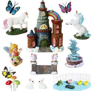 bangbangda unicorn figurines fairy garden accessories – miniature unicorn gift set outdoor garden decoration – fairy figurines castle fountain girl birthday gifts (set of 23)