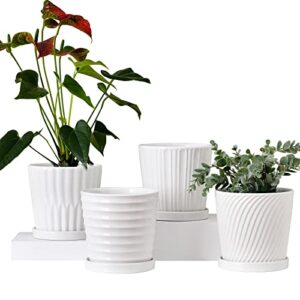 ton sin plant pots,white 6 inch flower pots for plants,ceramic planter with drainage holes,indoor planter pots with saucer,outdoor garden pots (white, 4 pack)