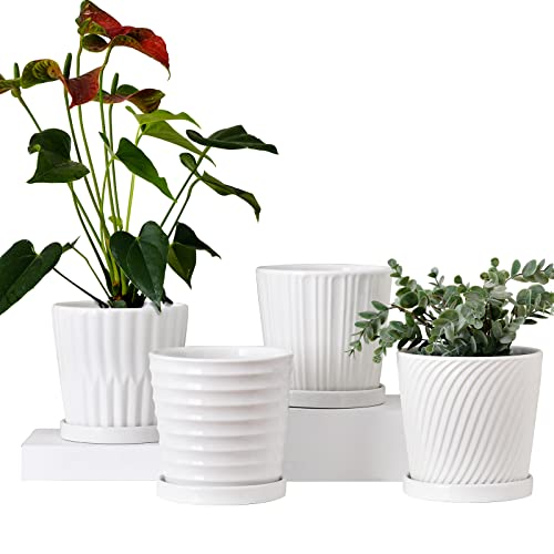 Ton Sin Plant Pots,White 6 Inch Flower Pots for Plants,Ceramic Planter with Drainage Holes,Indoor Planter Pots with Saucer,Outdoor Garden Pots (White, 4 Pack)