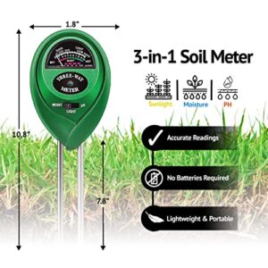 Soil Meter - Monitors Sunlight, Soil Moisture, Plant Water, and pH Levels in Plants, Crops, Fruits, Vegetables, Farms, and Indoor and Outdoor Gardens! No Batteries Required!