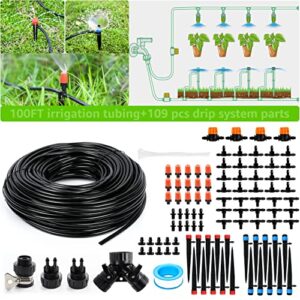 mixc drip irrigation kit, 100ft garden irrigation system plants watering system for lawn patio raised bed automatic irrigation equipment with 1/4″ blank distribution tubing , adjustable nozzle emitters sprinkler, barbed parts and irrigation connectors