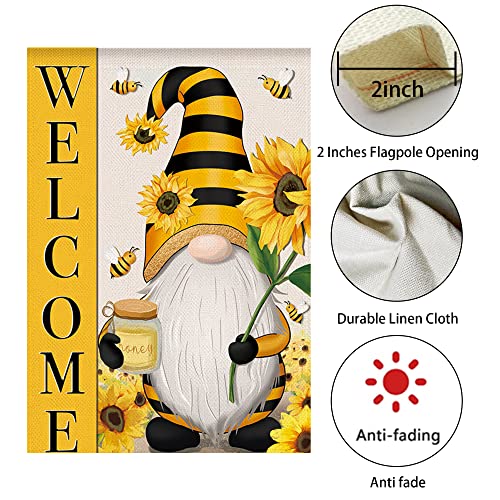 WODISON Welcome Spring Summer Garden Flag Sunflower Gnome Floral Bee Flag, 12 x 18 Inch Vertical Double Sided Burlap Banner for Outdoor Seasonal Decoration (ONLY FLAG)