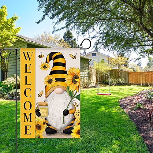 WODISON Welcome Spring Summer Garden Flag Sunflower Gnome Floral Bee Flag, 12 x 18 Inch Vertical Double Sided Burlap Banner for Outdoor Seasonal Decoration (ONLY FLAG)