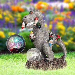 Solar Garden Statue Outdoor Decor Garden Dinosaur Eating Gnomes Figurine with LED Lights, Yard Art Ornaments for Fall Garden Sculptures & Statues for Outside Lawn Patio Yard Garden Birthday Gifts