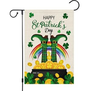 spring st. patrick’s day garden flag 12×18 double sided, burlap small lucky leprechauns shamrock welcome yard flag banner gold coin pot rainbow clover sign for home outside outdoor decor (only flag)