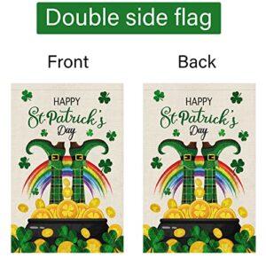 Spring St. Patrick's Day Garden Flag 12x18 Double Sided, Burlap Small Lucky Leprechauns Shamrock Welcome Yard Flag Banner Gold Coin Pot Rainbow Clover Sign for Home Outside Outdoor Decor (ONLY FLAG)