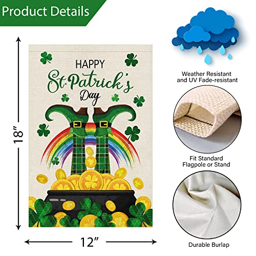Spring St. Patrick's Day Garden Flag 12x18 Double Sided, Burlap Small Lucky Leprechauns Shamrock Welcome Yard Flag Banner Gold Coin Pot Rainbow Clover Sign for Home Outside Outdoor Decor (ONLY FLAG)