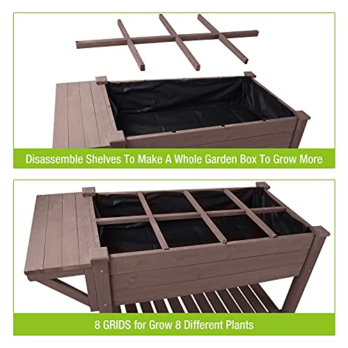 GUTINNEEN Raised Garden Bed for Herbs, Patio Elevated Flower Planter Vegetable Boxes with Grow Grid - Large Storage Shelf Brown
