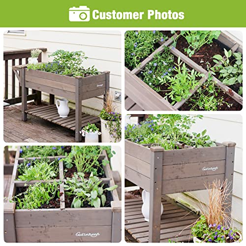 GUTINNEEN Raised Garden Bed for Herbs, Patio Elevated Flower Planter Vegetable Boxes with Grow Grid - Large Storage Shelf Brown