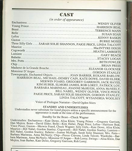 Beauty and the Beast, Broadway Playbill + Terrence Mann, Gary Beach, Beth Fowler, Susan Egan, Burke Moses, Heath Lamberts, Eleanor Glockner, Stacey Logan, Tom Bosley