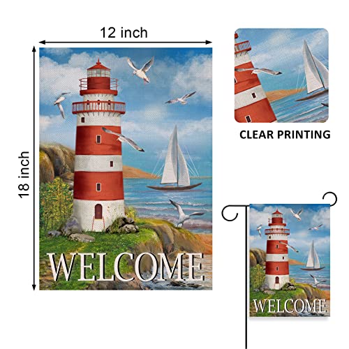 Covido Home Decorative Welcome Spring Summer Lighthouse Garden Flag, Coastal Seagull Birds Yard Beach Nautical Sailboat Outside Decoration, Ocean Outdoor Small Burlap Decor Double Sided 12 x 18