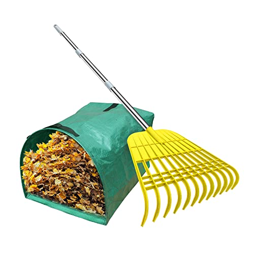 Gardzen 12 Tines Gardening Leaf Rake, Lightweight Steel Handle, Detachable, Ideal Camp Rake, Comes with Dustpan-Type Garden Bag - Yellow