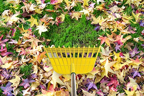 Gardzen 12 Tines Gardening Leaf Rake, Lightweight Steel Handle, Detachable, Ideal Camp Rake, Comes with Dustpan-Type Garden Bag - Yellow