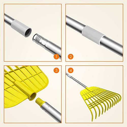 Gardzen 12 Tines Gardening Leaf Rake, Lightweight Steel Handle, Detachable, Ideal Camp Rake, Comes with Dustpan-Type Garden Bag - Yellow