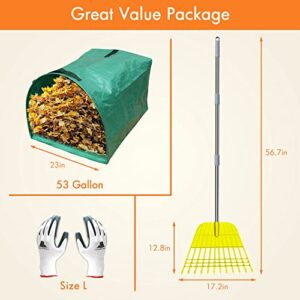 Gardzen 12 Tines Gardening Leaf Rake, Lightweight Steel Handle, Detachable, Ideal Camp Rake, Comes with Dustpan-Type Garden Bag - Yellow