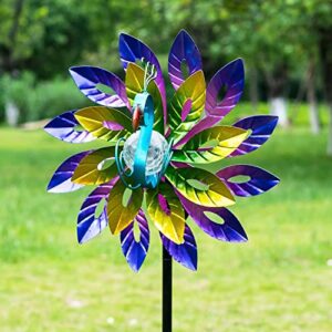 Peacock Solar Wind Spinner Garden Yard Decor, Outdoor Decorative Metal Wind Sculpture with Cracked Glass Ball, Waterproof Art Windmill Landscape Stake Light for Lawn Patio Pathway Yard Courtyard Decor